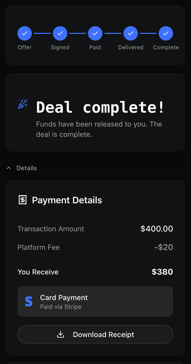 Deal complete — funds released via Stripe escrow