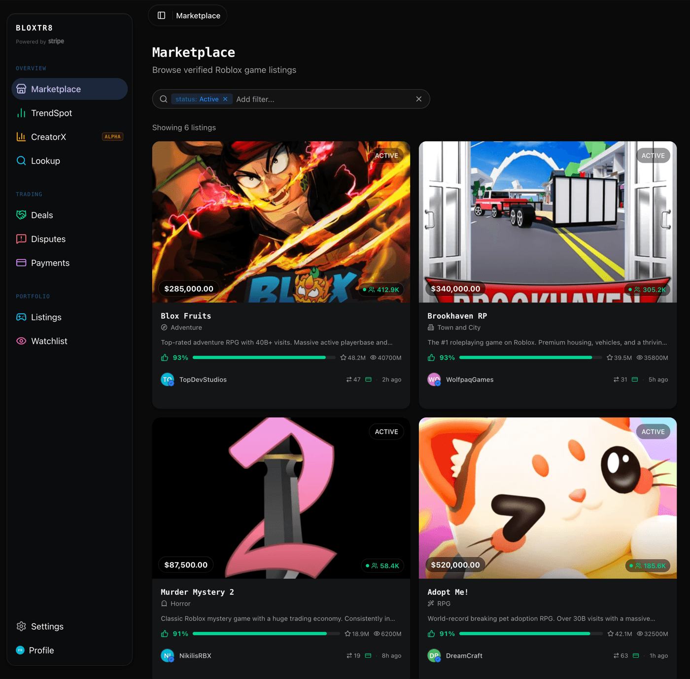 Bloxtr8 Marketplace browse verified Roblox game listings