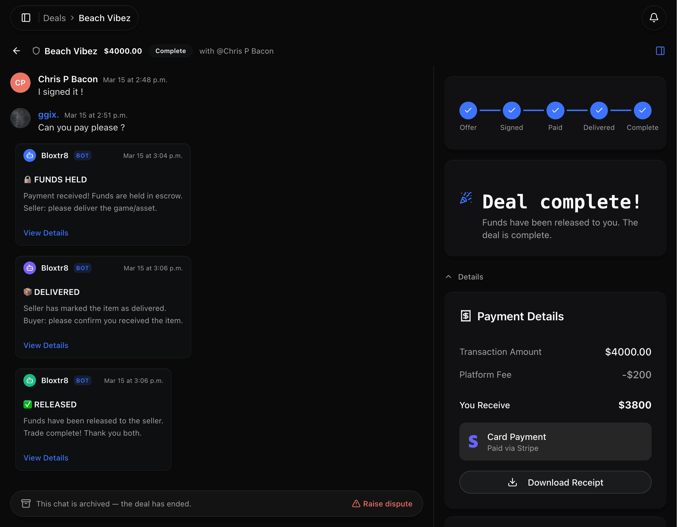 Completed deal on Bloxtr8 showing chat, escrow steps, and payment details